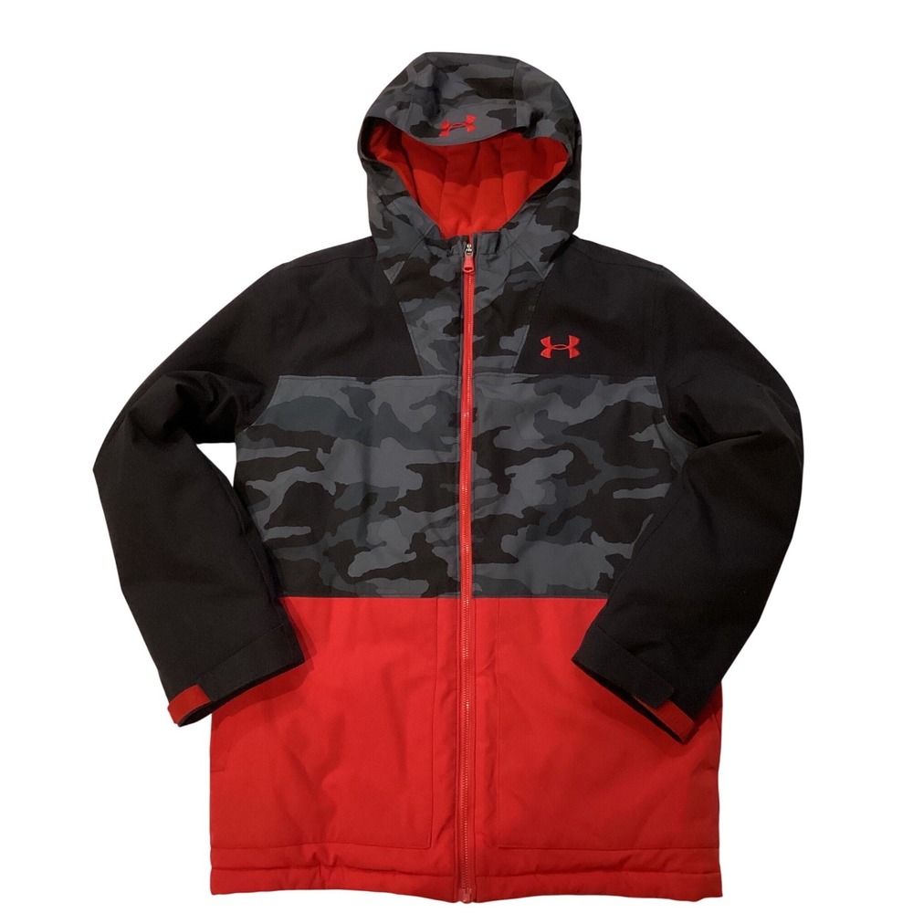 Under Armour Kids Boys Winter Jacket Red Camo Hooded Zip Front Warm Outerwear